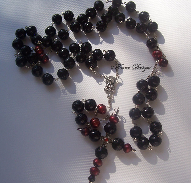 Rosary – Large Black Lampwork Glass Beads and Dark Red Pearl Beads with Custom Large Cross