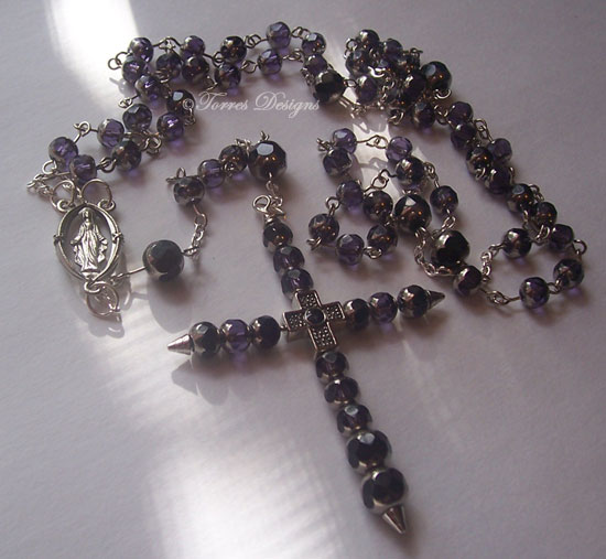 Black and Iridescent Purple Rosary with Large Cross