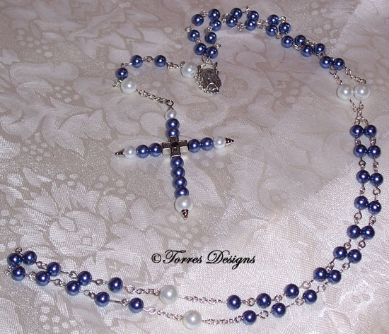 Blue and White Pearl Rosary & Large Cross