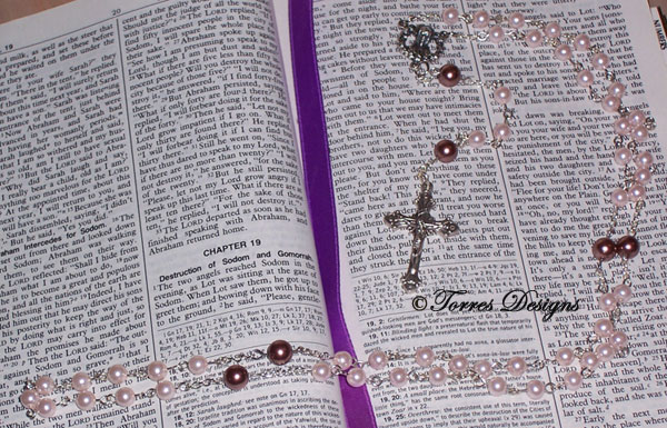 Pink & White Pearl Rosary and Large Cross