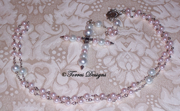 Pink & White Pearl Rosary and Large Cross
