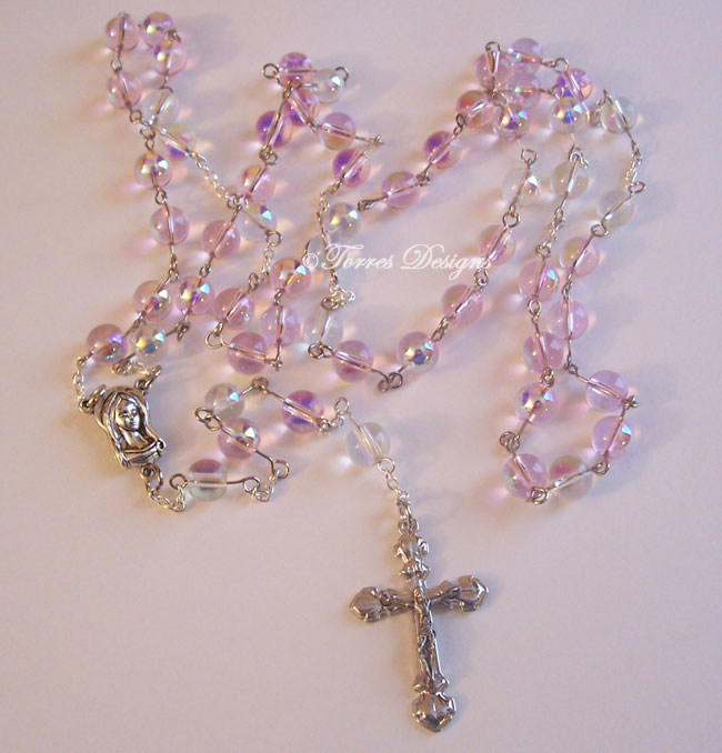 Fire Polish Pink and Clear Iridescent Glass Beads Rosary