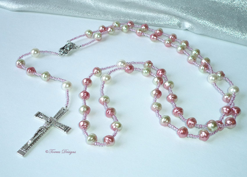 Pink & White Pearl Rosary and Large Cross