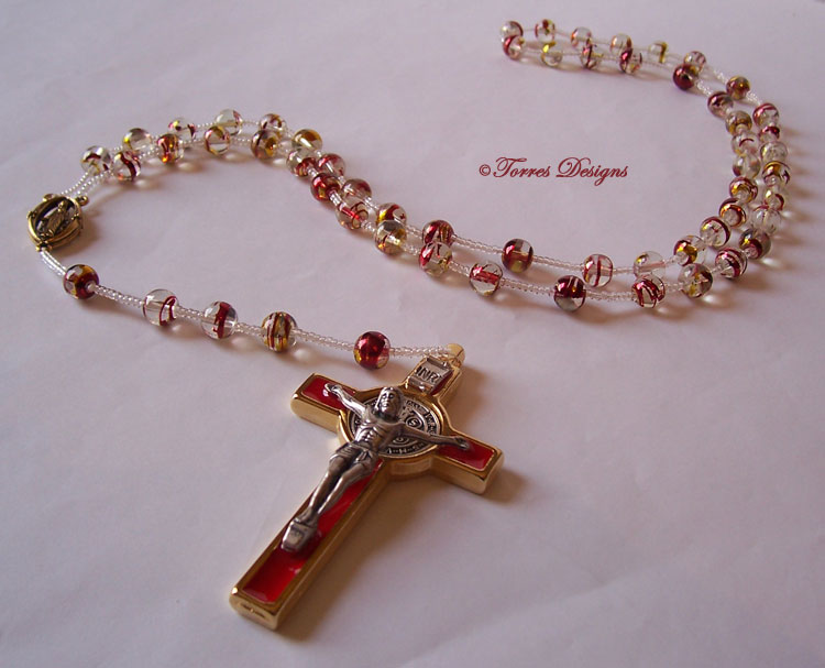 Red Gold Confetti Large Glass Beads Rosary