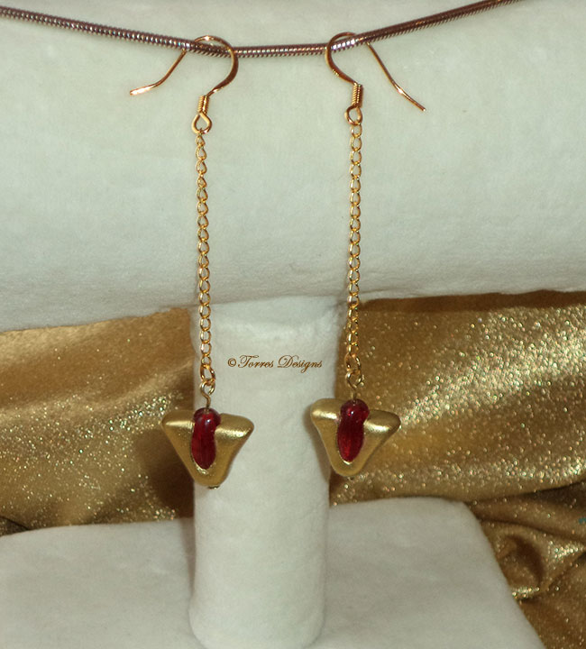 Goron Ruby Earrings 14K Gold Chain Hooks Lampwork Glass Legend of Zelda Ocarina of Time Spiritual Stone Custom Handmade Sculpted OOAK One of a Kind TorresDesigns Torres Designs