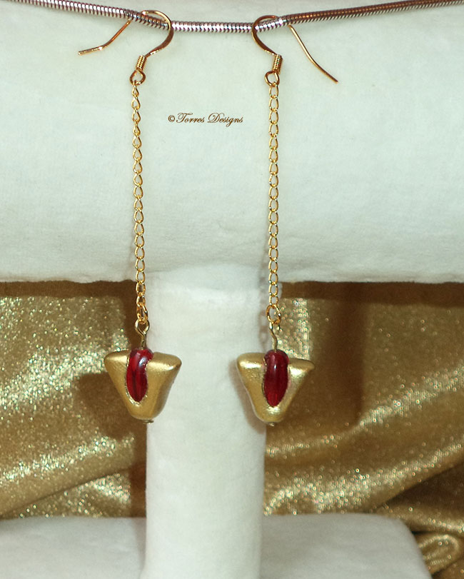 Goron Ruby Earrings 14K Gold Chain Hooks Lampwork Glass Legend of Zelda Ocarina of Time Spiritual Stone Custom Handmade Sculpted OOAK One of a Kind TorresDesigns Torres Designs