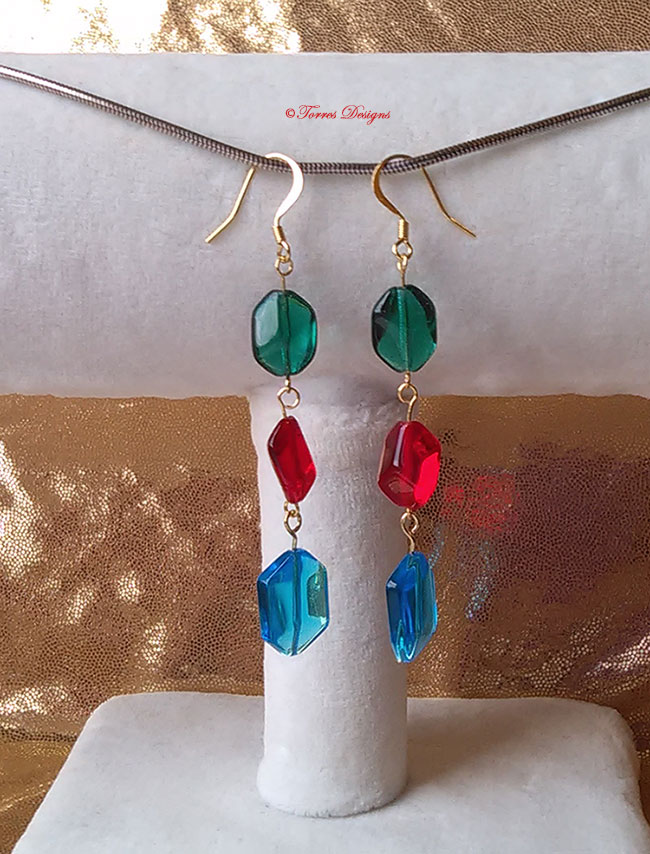 14K Gold Green Red Blue Rupee Dangle Earrings Legend of Zelda